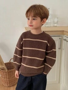 Hapijoa Young Boy Striped Round Neck Drop Shoulder Long Sleeve Casual Loose Sweater, Autumn/Winter - Brown - View 2