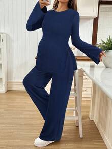 SHEIN 2pcs Maternity Casual Solid Color Side Slit Flare Sleeve Top And Pants Set, Autumn Maternity Two Piece Set Two Piece Set Women Comfy Modest Two Piece Set Maternity Clothes Two Piece Suits Comfortable Two Piece Set