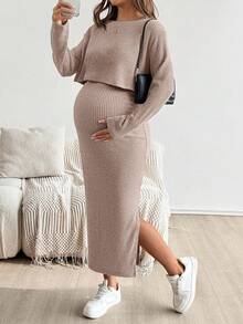 SHEIN 孕妇纯色圆领短袖上衣和裙子两件套 - 粉色 - 查看 5