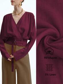 Aalyst Women's Linen Elegant Office/Commute/Vacation Casual V-Neck Dropped Shoulder Long Sleeve Shirt With Adjustable Waist Belt - Maroon - View 3