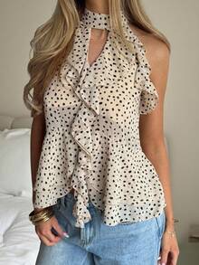 SHEIN EZwear 休闲圆点印花荷叶边挂脖上衣 - 彩色 - 查看 2