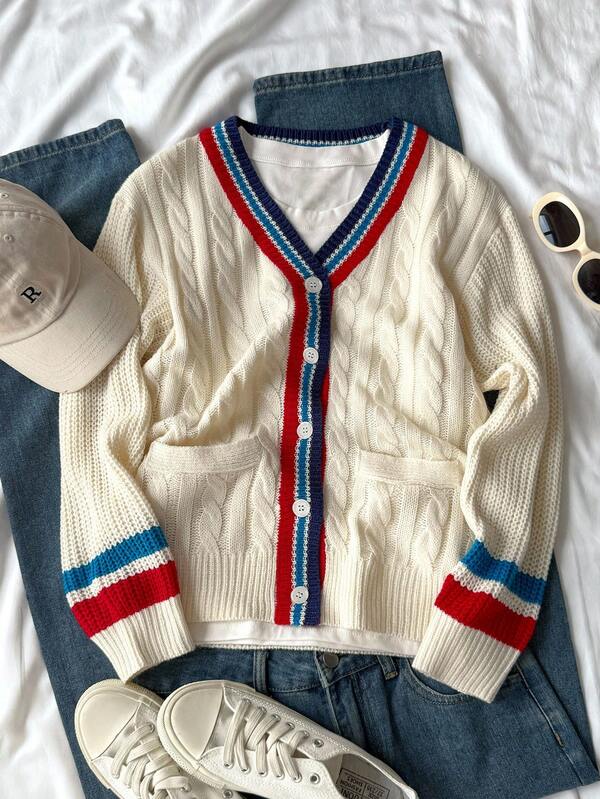Teenage Girls' Fashion Mid-Length Knitted Cardigan, Colorblock Striped Decor Textured Sweater Jacket, Autumn/Winter Casual Wear For Girls Fall