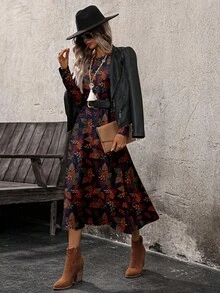 SHEIN LUNE Women's Plant Print Round Neck Long Sleeve Casual Mid-Length Dress - Multicolor - View 2