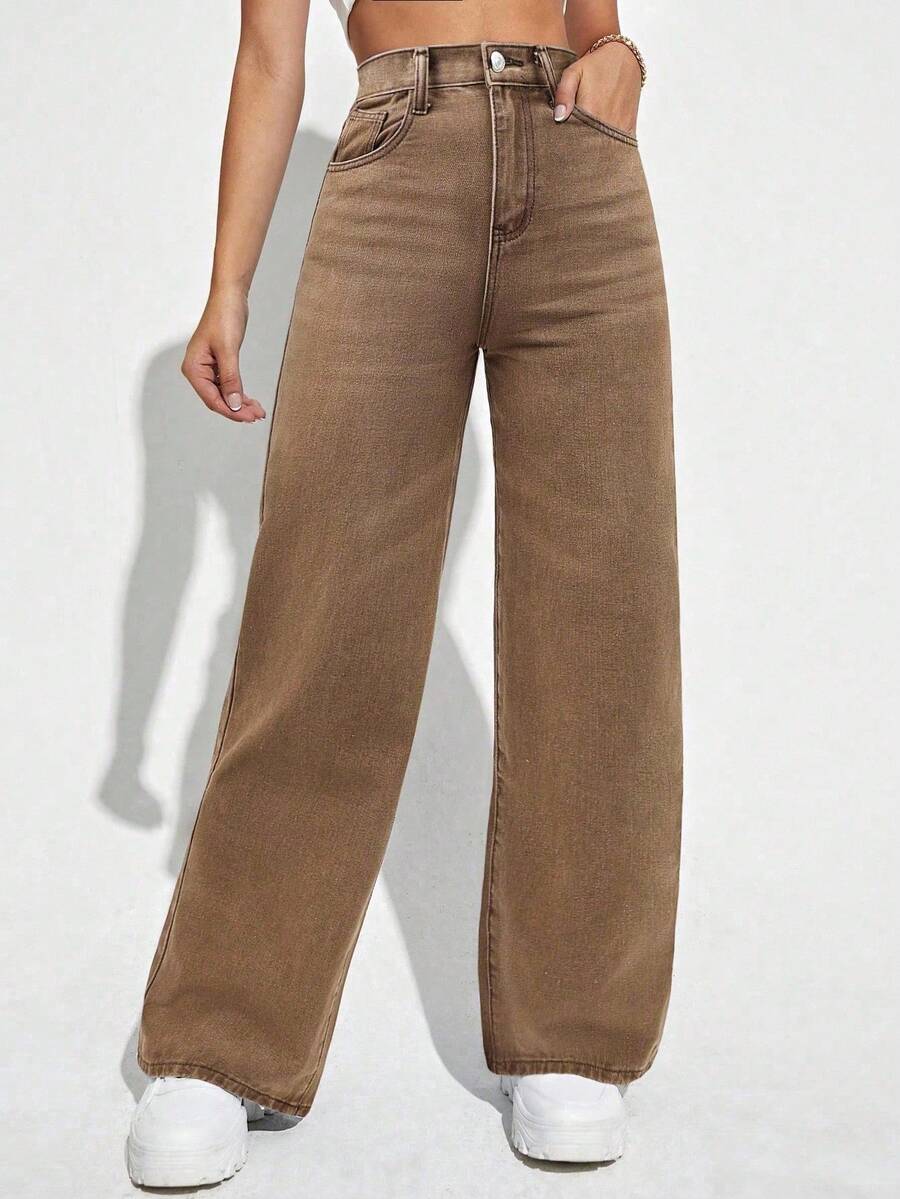 SHEIN PETITE Quần jeans ống đứng thường ngày có túi xéo dành cho nữ, mùa thu - màu nâu - Xem 1