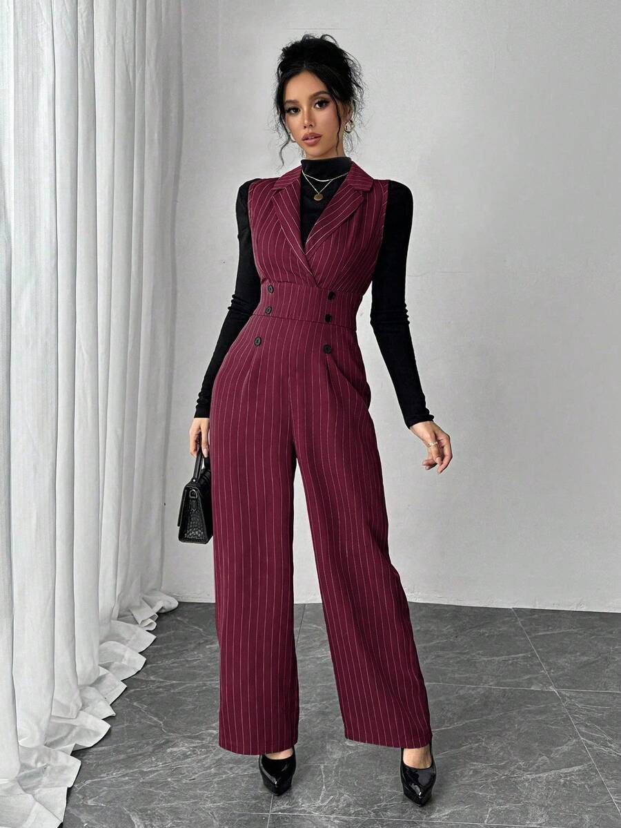 Selianne Bộ đồ liền thân ống rộng cạp cao ôm sát có khóa kéo ve kẻ sọc dành cho nữ có túi - Màu Đỏ Sâu - Xem 1