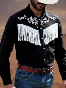 Manfinity Nomadique Men's Retro Contrast Color Long Sleeve Shirt With Front Button-Down And Fringe Decor, Rodeo Shirt Men Western Shirts Western Shirt With Fringe, Fall