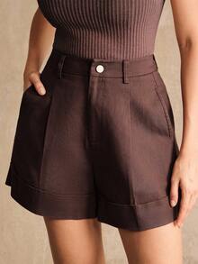 Anewsta 时尚优雅的军绿色阔腿短裤，适合通勤、外出、节日、女士夏季服装、秋季 - 咖啡棕 - 查看 4