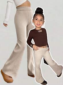 SHEIN Young Girl Casual Elastic Waist Knitted Beige Pants, Suitable For Autumn/Winter Fall - Apricot - View 1