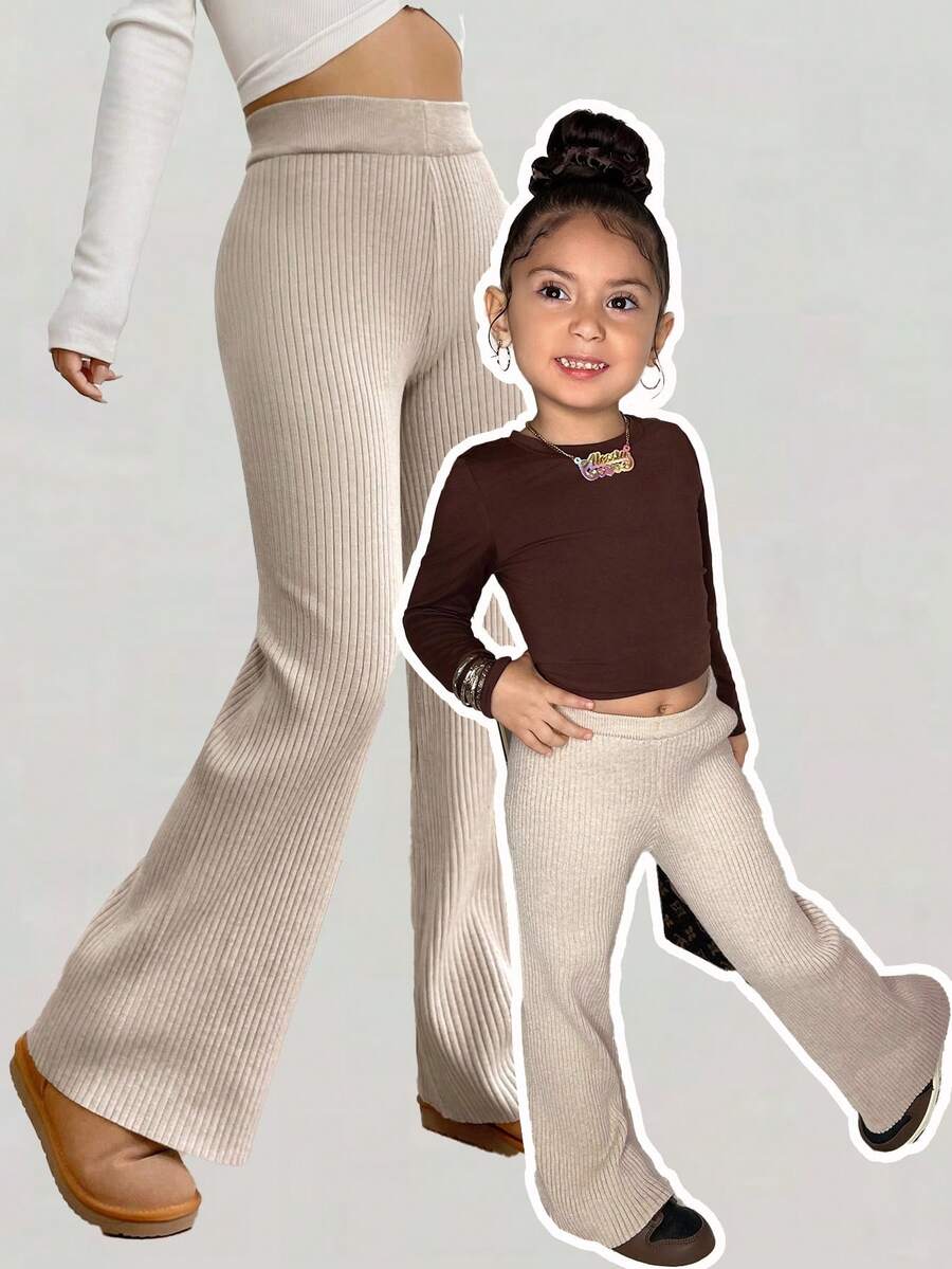 SHEIN Young Girl Casual Elastic Waist Knitted Beige Pants, Suitable For Autumn/Winter Fall - Apricot - View 1