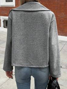 SHEIN PETITE 女式纯色翻领长袖双排扣休闲大衣，秋冬 - 灰色 - 查看 2