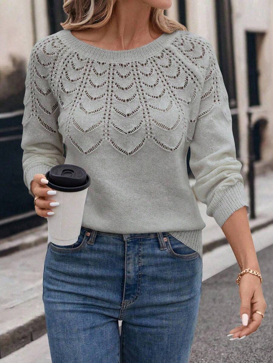 SHEIN Áo cánh dài tay cổ tròn màu trơn cho nữ mặc thường ngày năm mới - Màu Xám nhạt - Xem 1