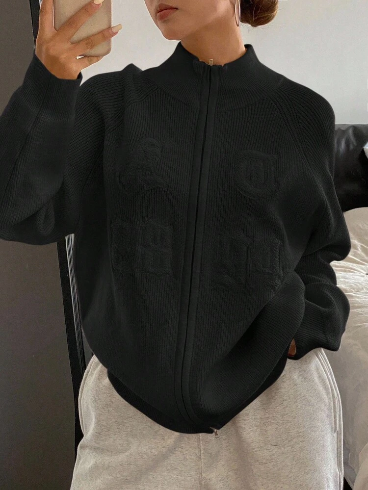 1pc Women's Solid Color Letter Print Turtleneck Loose Knit Sweater,Fall Women Clothes