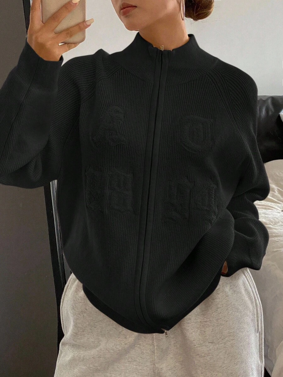 DAZY 1 pieza Suéter holgado de punto con cuello alto y estampado de letras de unicolor para mujer, ropa de mujer de otoño - Negro - Ver 1