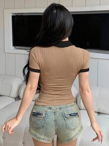 DAZY Women's Plain Color Block Button Front Short Sleeve Casual Top, Minimalist Style For Daily Wear Summer,Crop Tops Women Preppy Tops - Camel - View 3