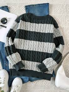 SHEIN Tween Girls Striped Color Block Cable Knit V-Neck Lantern Sleeve Oversized Pullover Sweater, Suitable For Autumn/Winter Outings Fall - Dark Grey - View 2