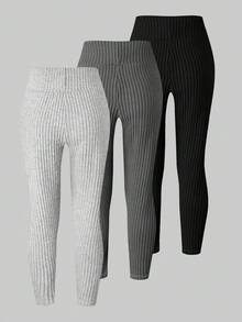 Sparklyn Tween Girl 3pcs Embroidery Heart Pattern High Waist Rib-Knit Leggings Fall Winter