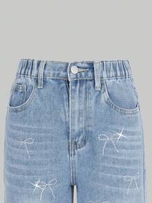 SHEIN Tween Girls Y2K 风格中蓝色复古阔腿牛仔裤，带水钻蝴蝶装饰，适合所有季节的时尚休闲牛仔裤