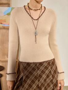Chiquease Maglione aderente a maniche lunghe con scollo a V stile bohémien, autunno/inverno - Cachi - Visualizzare 4