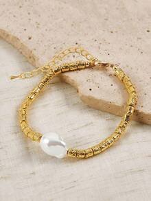 Opalesca 1 Stück 18K vergoldete gold/cremeweiße strukturierte Kette Barock Perle verstellbares Armband, retro eleganter Premium strukturierter leichter Luxus blassbeständiger exquisiter Goldschmuck für Feiertags-Party, Date, Bankett, Zusammenkünfte, Urlaub, Alltagstragen, Frauen/Mütter/Mädchen Herbst/Winter, Fest, Feiertag, Urlaub, Neujahr/Weihnachten/Valentinstag Geschenke, Muttertags Geschenk