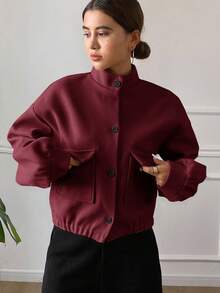 DAZY 女式休闲纯色立领口袋短款夹克，秋季 - 紫紅色 - 查看 4