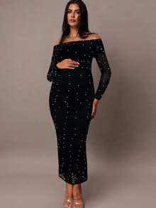 MaterniChic Váy suông dáng ôm hở vai đính ngọc trai màu trắng thanh lịch dành cho nữ, lãng mạn cho tiệc tùng, hẹn hò hoặc ngày lễ tình nhân, váy mùa hè cho nữ, váy bầu - màu đen - Xem 3