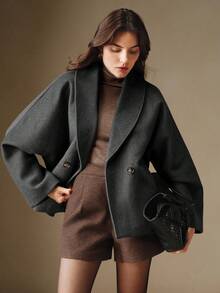 Anewsta 女士秋冬双面羊毛面料时尚百搭纯色宽松羊毛休闲夹克，咖啡色 - 灰色 - 查看 10