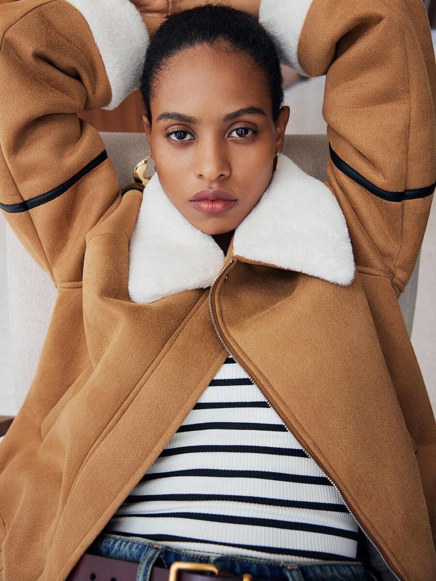 Lumivelle Abrigo de mujer con cuello de piel sintética y dobladillo de color contrastante