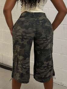 Alexandranx Women's Camouflage Patterned Casual Denim Pants With Pockets, Summer - Army Green - View 2