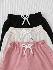 SHEIN 三件套女童休闲舒适套装，包括带蝴蝶结松紧腰带的裤子，纯色灯芯绒面料，直筒裤型，适合春秋季穿着。 - 彩色 - 查看 3