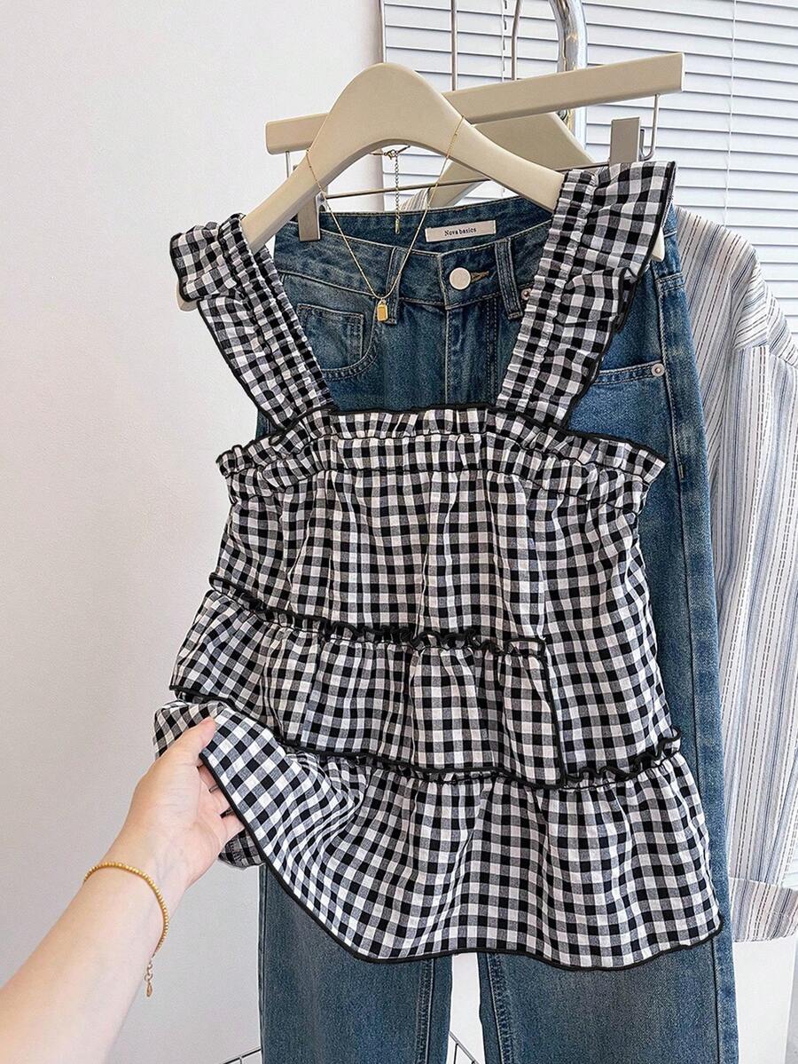 INAWLY Women's Casual Plaid Sleeveless Top, Summer - Black and White - View 1