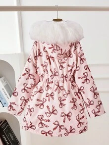 SHEIN 女童连帽毛领棉服，时尚休闲百搭通勤装，适合秋冬外出、购物、旅行，可搭配牛仔裤、运动裤、连帽衫 - 粉色 - 查看 2