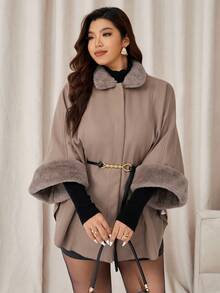 Auralis 大码女装秋冬时尚优雅宽松舒适日常毛绒拼接卡其色斗篷外套配腰带，女装冬装，秋季服装，冬季外套 - 灰色 - 查看 4