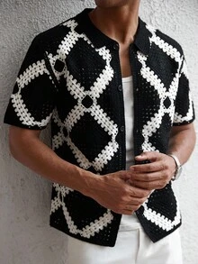 Manfinity Hypemode Men's Boxy Fit Button Through Crochet Knit Shirt