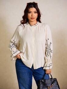Elaquor Printed Casual Loose Fit Long Sleeve Plus Size Women Shirt - Apricot - View 5