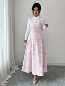 Elenzga 女士优雅 U 领无袖中长连衣裙，收腰设计，花卉提花面料，珍珠纽扣装饰，适合春秋季节 - 淺粉色 - 查看 6