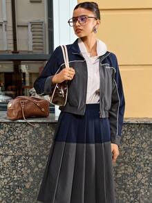 Muvela Chaqueta sofisticada de estilo universitario retro con contraste de color, adecuada para otoño, temporada de vuelta al colegio, salidas diarias, estilo campus, viajes, aeropuerto, deportes vintage, elegante