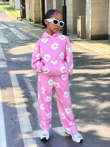 Set de 2 piezas de sudadera con capucha y pantalón jogger de estampado floral suave y casual para niñas preadolescentes - Rosa - Ver 7