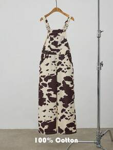 Maija Women's Coffee-Colored Denim Overalls, Cow Pattern Casual Jumpsuit, Autumn And Winter Casual Wear