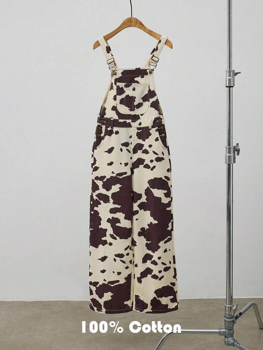 Maija Women's Coffee-Colored Denim Overalls, Cow Pattern Casual Jumpsuit, Autumn And Winter Casual Wear