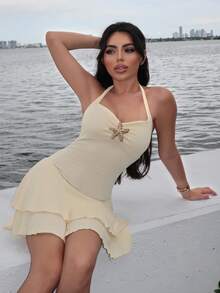 Durrani Popal Women's New Spring Summer Suitable For Beach Vacation Elegant Textured Fabric Halter Tie Front Ruched Bust Metal Decor Layered Ruffle Hem Playful Mini Dress - Yellow - View 6