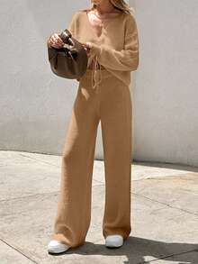 V Neck Sweater Top And Trouser Elegant Simple - Camel - View 2