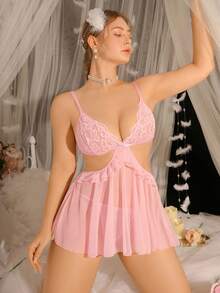 Spicy Aura Plus Size Women Contrast Lace Hollow Out Sexy Lingerie - Pink - View 5