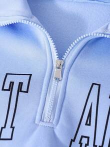 Sparklyn 2 件套青少年女孩休闲长袖印花上衣和宽松长裤套装，适合日常休闲穿着 - 藍色 - 查看 4