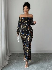 Rafferiza Women's Elegant Off Shoulder Floral Branch Print Mesh Elastic Waist Ruched Bodycon High Slit Lantern Sleeve Dress - Black - View 3