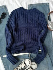 SHEIN Tween Girl Knight Pattern Cable V-Neck Long Sleeve Casual Sweater, Autumn/Winter Fall