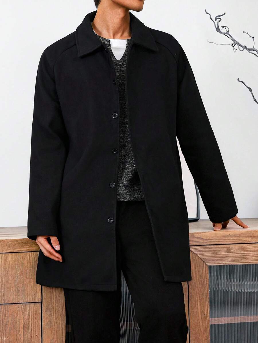 Manfinity Homme 男士休闲前襟纽扣翻领长袖夹克,秋季男士长款外套,暗黑学院风男装,男士外套,男士夹克,男士风衣 - 黑色 - 查看 1
