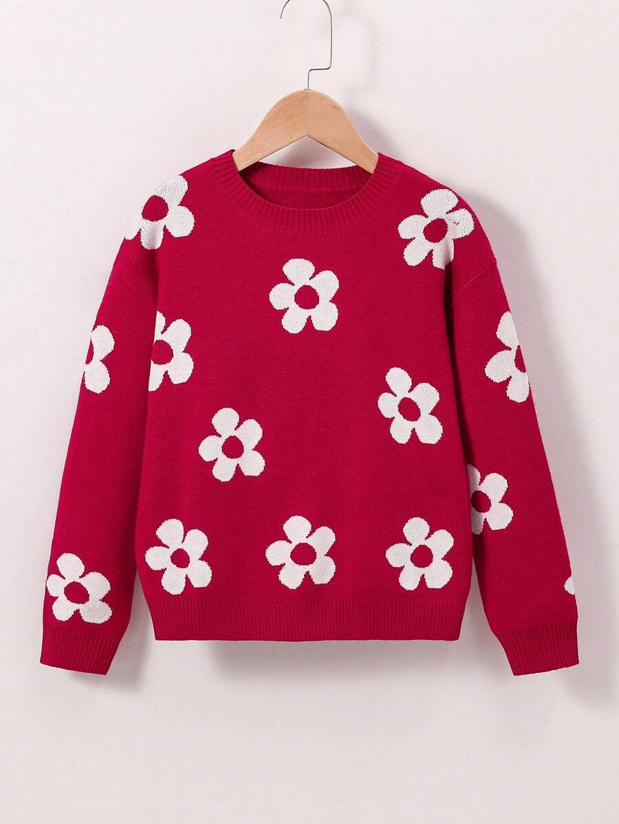 Sparklyn Áo len đỏ thời trang cho bé gái tuổi teen, Áo chui đầu dệt kim jacquard họa tiết hoa hướng dương màu hồng, Áo len cổ tròn tay dài họa tiết hoa, Áo len ôm dáng mặc hàng ngày, Thích hợp cho Giáng sinh, Thu/Đông - Màu Đỏ Sâu - Xem 1