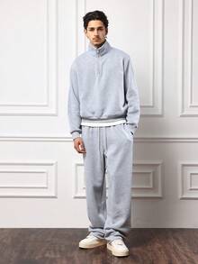 SUMWON Regular Quarter Zip High Neck Sweatshirt Co-Ord Set With Straight Leg Sweatpants Loungewear Streetwear Winter Casual Outfit - Grey - View 1