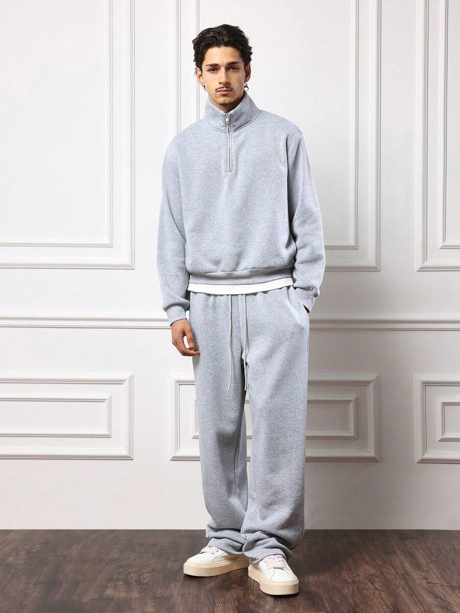SUMWON Regular Quarter Zip High Neck Sweatshirt Co-Ord Set With Straight Leg Sweatpants Loungewear Streetwear Winter Casual Outfit - Grey - View 1