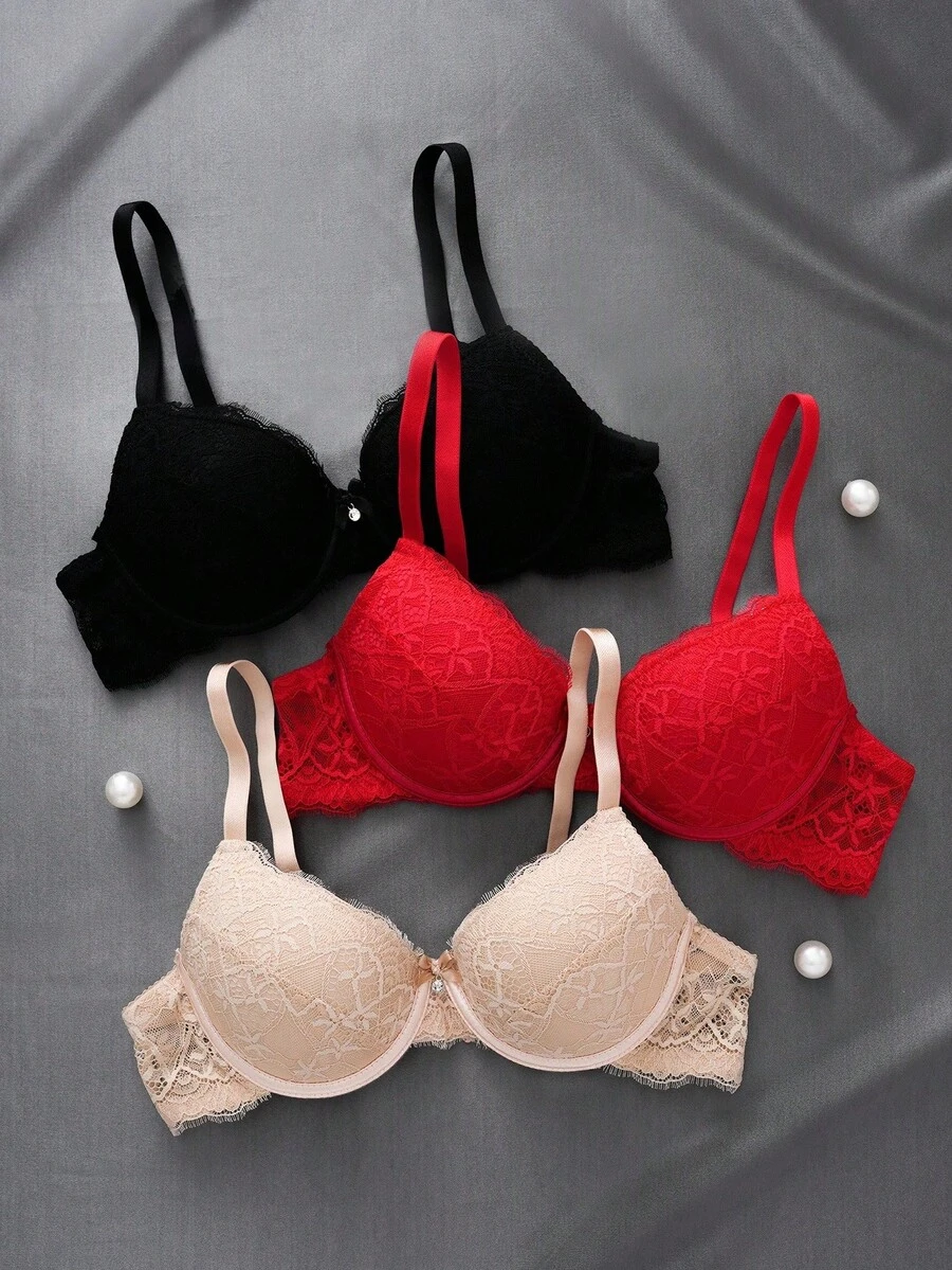 3pcs/Set Sexy Lace Gather Romantic Minimalist Underwire Adjustable Bra Set For Women